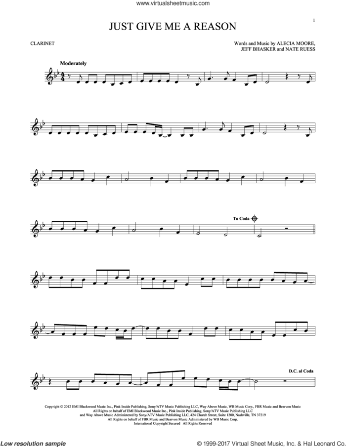 Just Give Me A Reason sheet music for clarinet solo by Pink featuring Nate Ruess, Alecia Moore, Jeff Bhasker and Nate Ruess, intermediate skill level