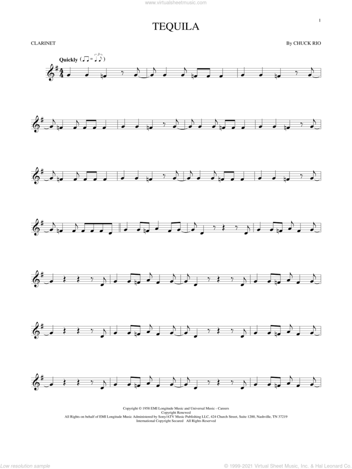 Tequila sheet music for clarinet solo by The Champs and Chuck Rio, intermediate skill level