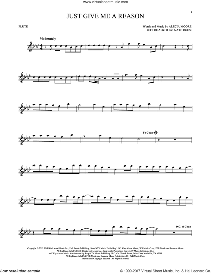 Just Give Me A Reason sheet music for flute solo by Pink featuring Nate Ruess, Alecia Moore, Jeff Bhasker and Nate Ruess, intermediate skill level
