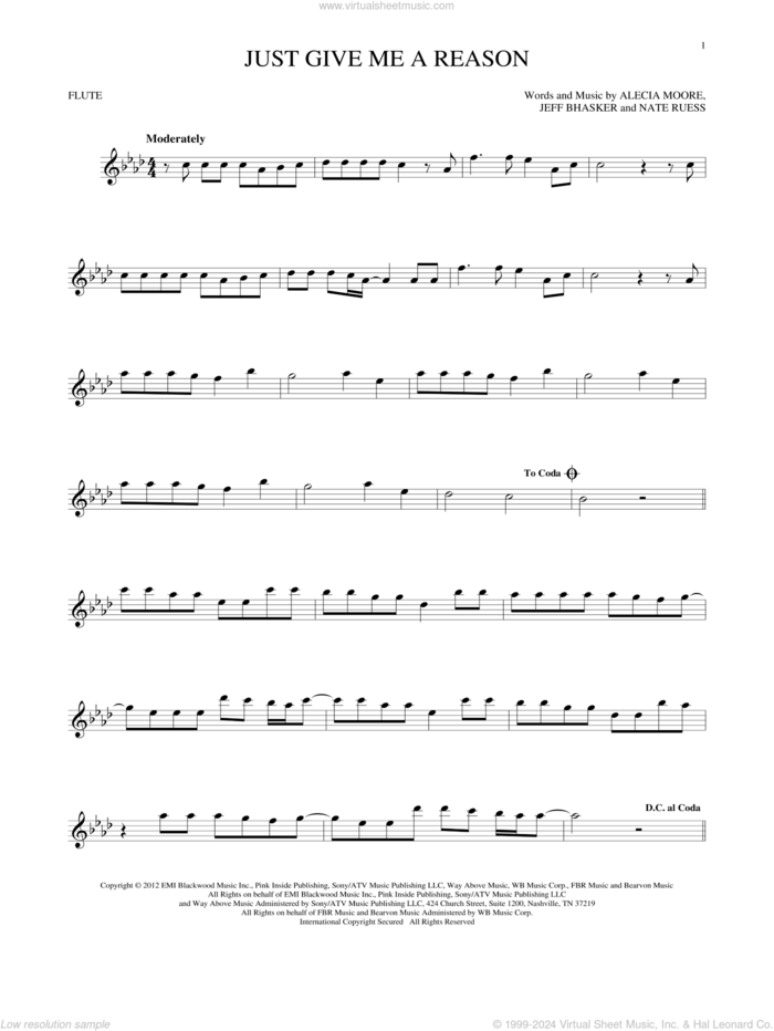 Just Give Me A Reason sheet music for flute solo by Pink featuring Nate Ruess, Alecia Moore, Jeff Bhasker and Nate Ruess, intermediate skill level