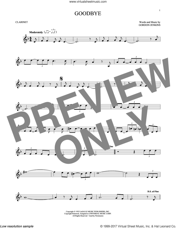 Goodbye sheet music for clarinet solo by Gordon Jenkins, Benny Goodman, Linda Ronstadt and Rosemary Clooney, intermediate skill level