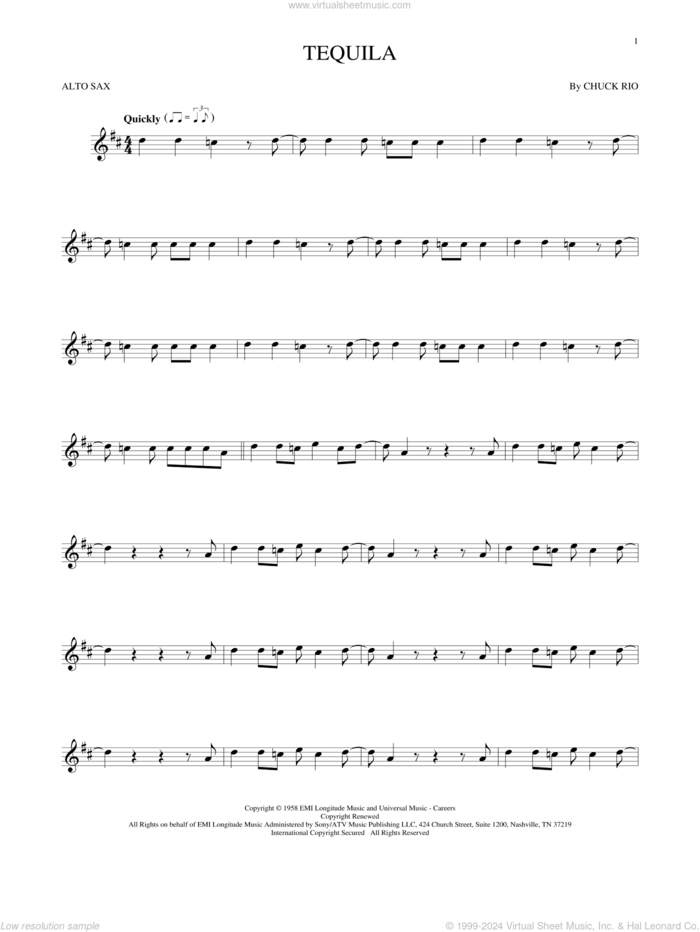 Tequila sheet music for alto saxophone solo by The Champs and Chuck Rio, intermediate skill level