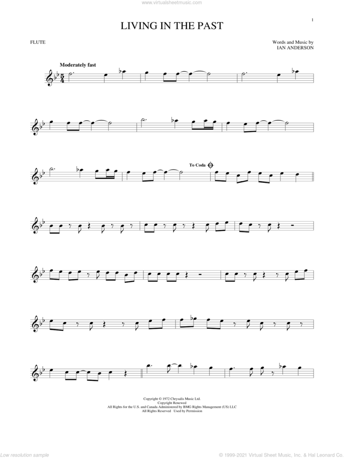 Living In The Past sheet music for flute solo by Jethro Tull and Ian Anderson, intermediate skill level
