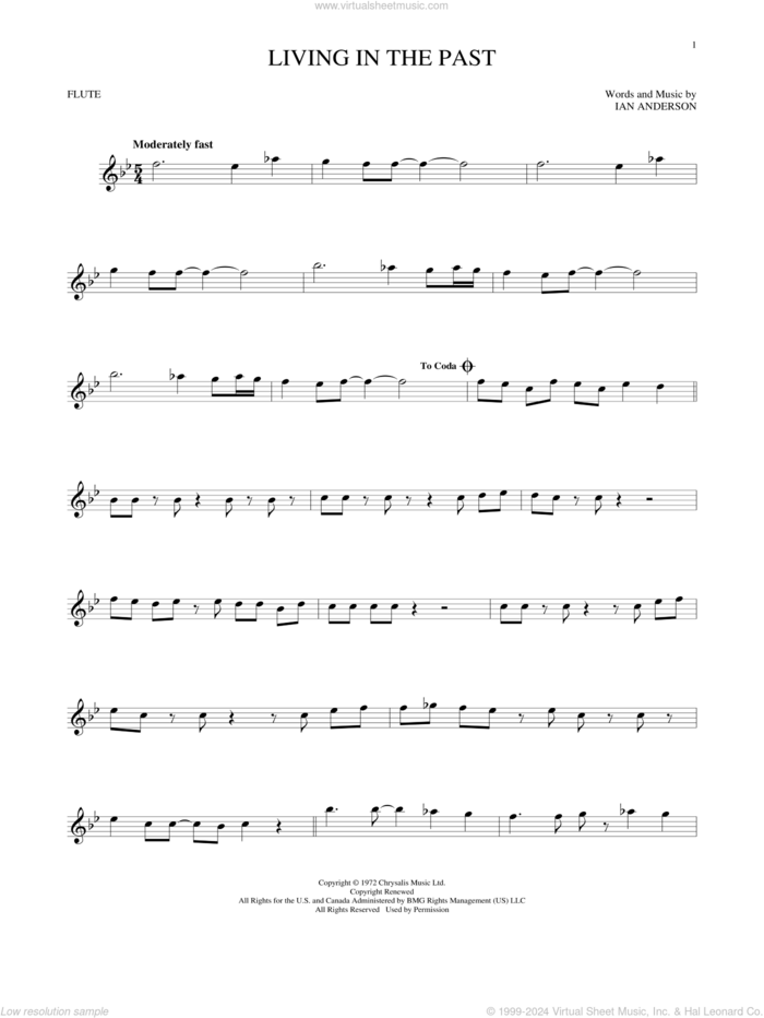 Living In The Past sheet music for flute solo by Jethro Tull and Ian Anderson, intermediate skill level