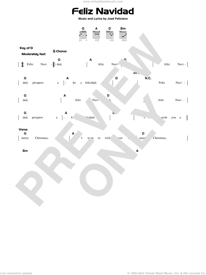 Feliz Navidad sheet music for guitar solo (lead sheet) by Jose Feliciano, intermediate guitar (lead sheet)