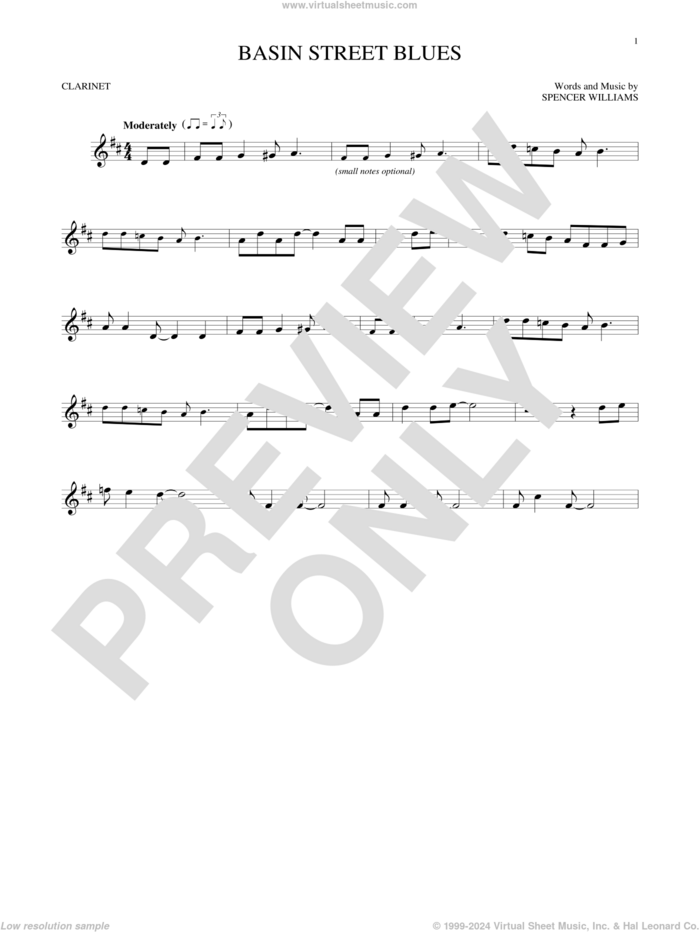 Basin Street Blues sheet music for clarinet solo by Spencer Williams, intermediate skill level