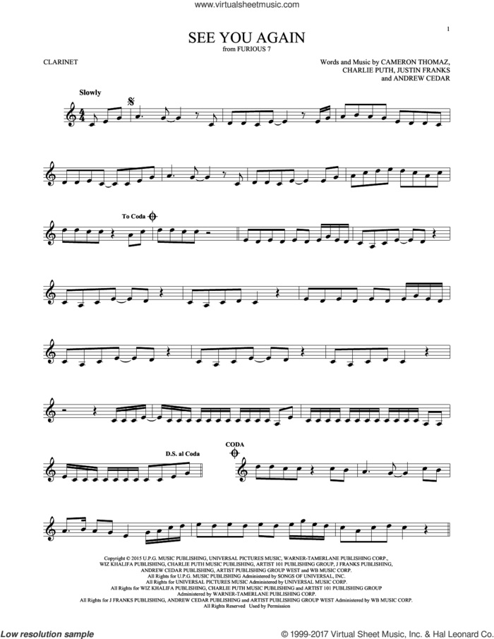 See You Again sheet music for clarinet solo by Wiz Khalifa feat. Charlie Puth, Andrew Cedar, Cameron Thomaz, Charlie Puth and Justin Franks, intermediate skill level