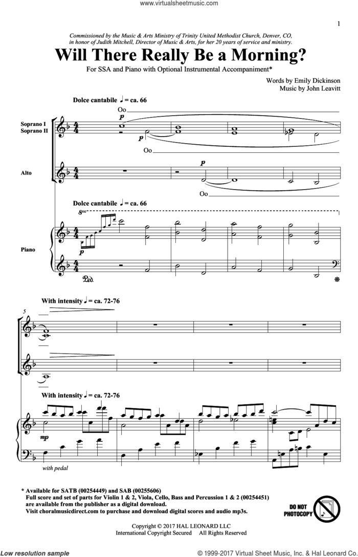 Will There Really Be A Morning? sheet music for choir (SSA: soprano, alto) by John Leavitt and Emily Dickinson, intermediate skill level