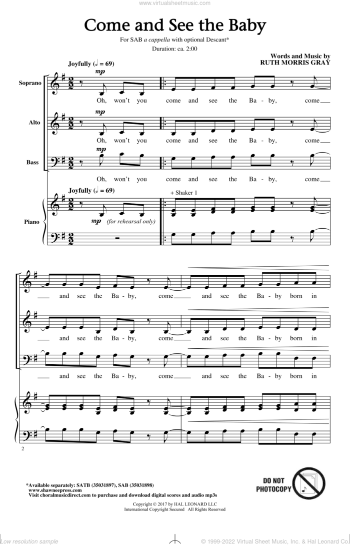 Come And See The Baby sheet music for choir (SAB: soprano, alto, bass) by Ruth Morris Gray, intermediate skill level