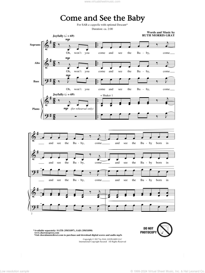 Come And See The Baby sheet music for choir (SAB: soprano, alto, bass) by Ruth Morris Gray, intermediate skill level