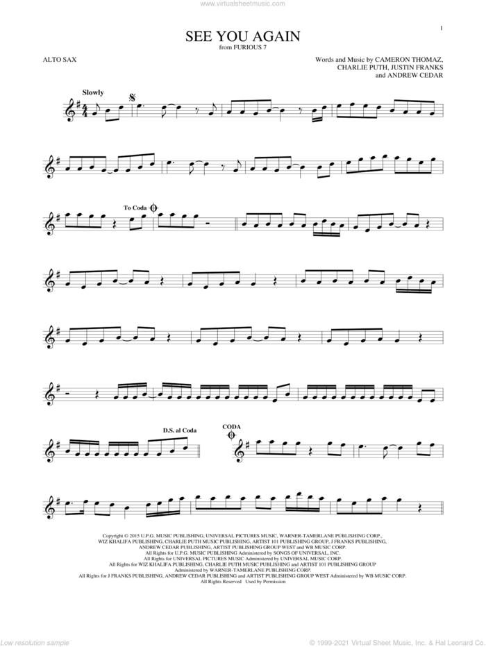 See You Again (feat. Charlie Puth) sheet music for alto saxophone solo by Wiz Khalifa, Wiz Khalifa feat. Charlie Puth, Andrew Cedar, Cameron Thomaz, Charlie Puth and Justin Franks, intermediate skill level