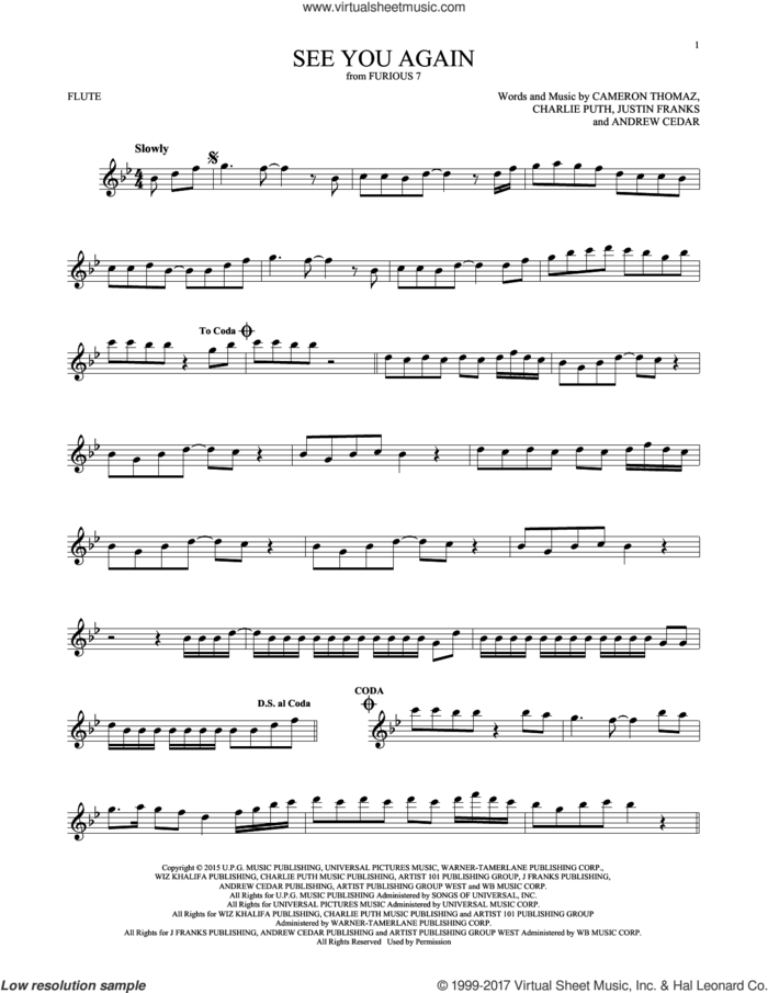 See You Again sheet music for flute solo by Wiz Khalifa feat. Charlie Puth, Andrew Cedar, Cameron Thomaz, Charlie Puth and Justin Franks, intermediate skill level