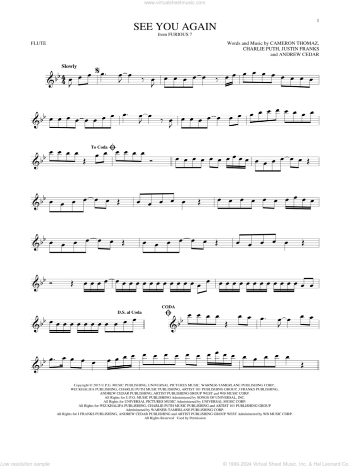 See You Again sheet music for flute solo by Wiz Khalifa feat. Charlie Puth, Andrew Cedar, Cameron Thomaz, Charlie Puth and Justin Franks, intermediate skill level