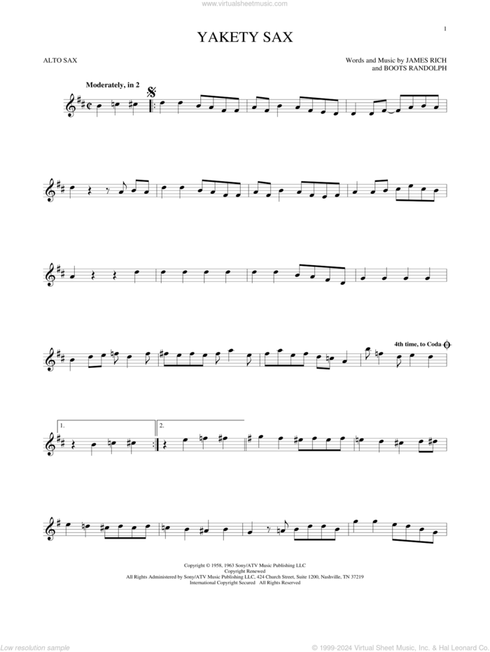 Yakety Sax sheet music for alto saxophone solo by Boots Randolph and James Rich, intermediate skill level