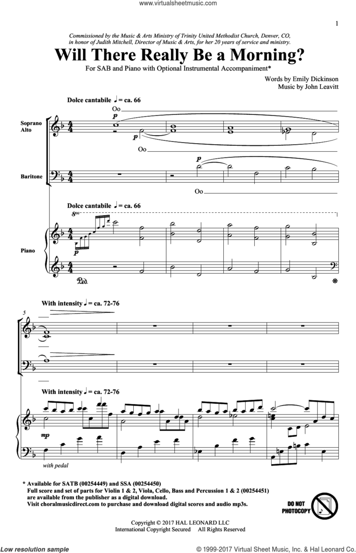 Will There Really Be A Morning? sheet music for choir (SAB: soprano, alto, bass) by John Leavitt and Emily Dickinson, intermediate skill level