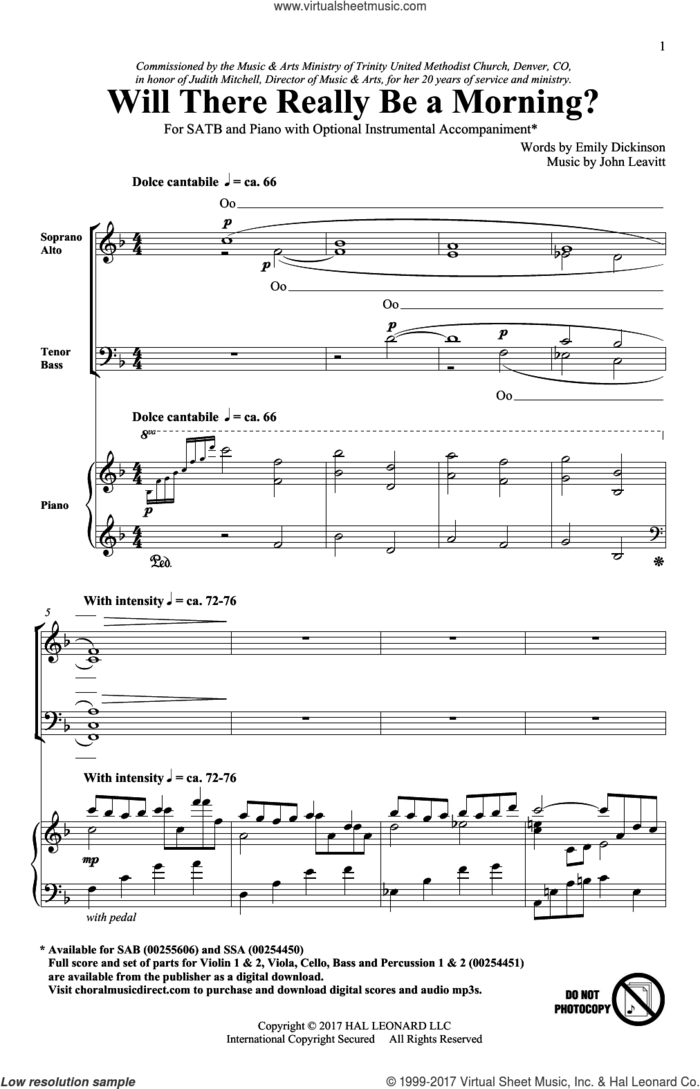 Will There Really Be A Morning? sheet music for choir (SATB: soprano, alto, tenor, bass) by John Leavitt and Emily Dickinson, intermediate skill level