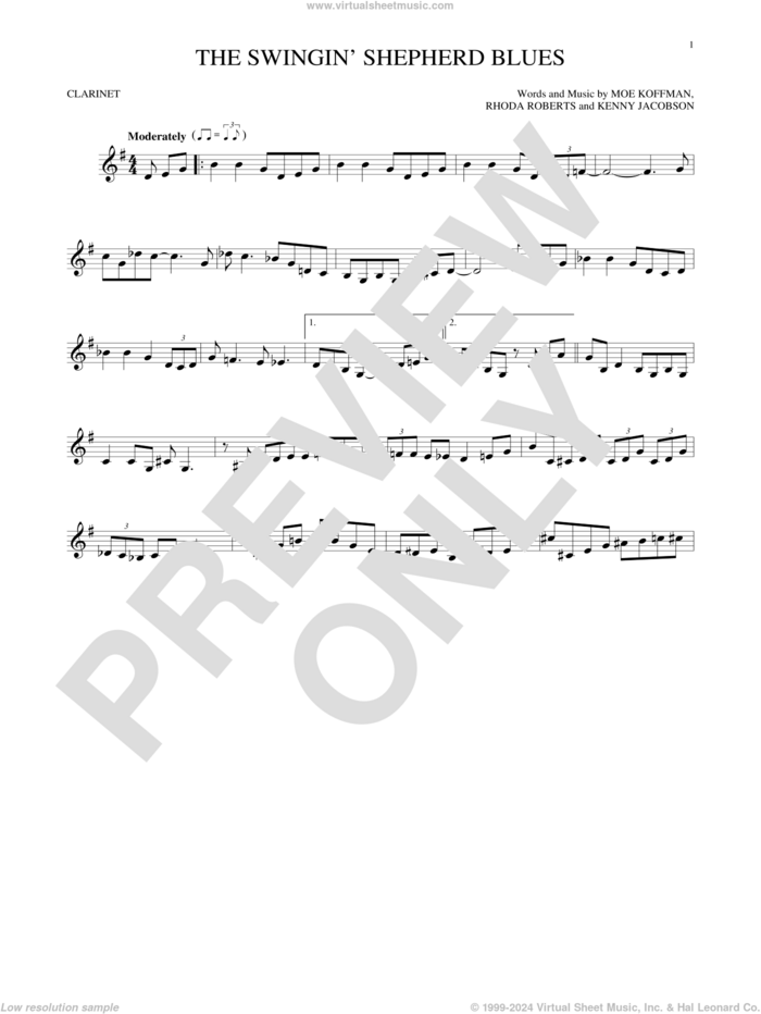 The Swingin' Shepherd Blues sheet music for clarinet solo by Kenny Jacobson, Moe Koffman and Rhoda Roberts, intermediate skill level