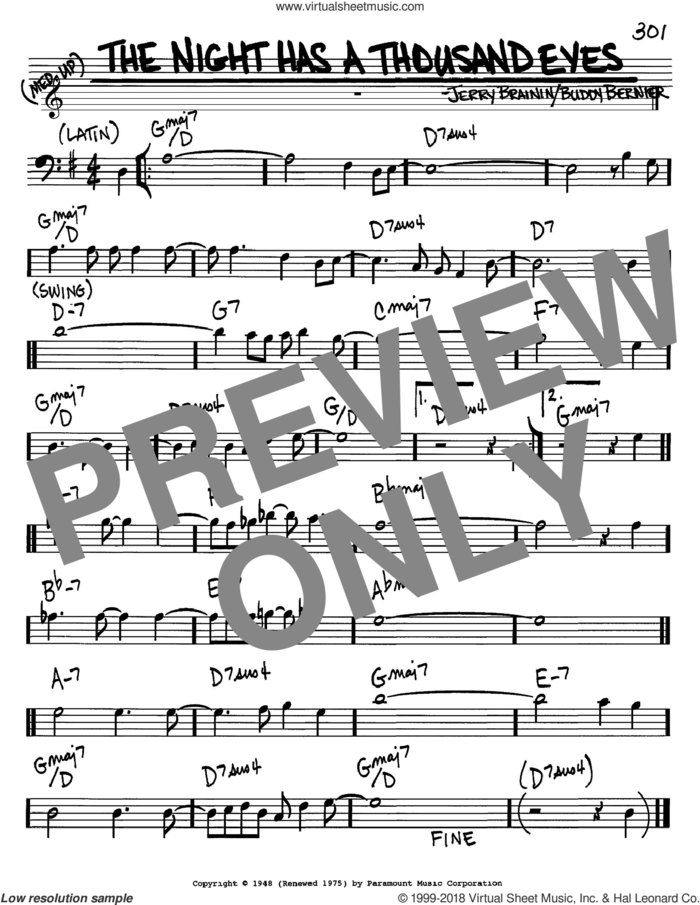 The Night Has A Thousand Eyes sheet music for voice and other instruments (bass clef) by Buddy Bernier and Jerry Brainin, intermediate skill level