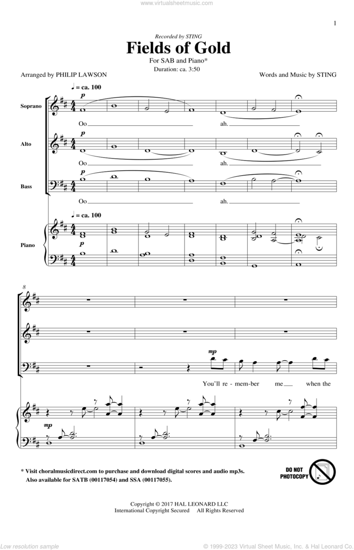 Fields Of Gold (arr. Philip Lawson) sheet music for choir (SAB: soprano, alto, bass) by Sting and Philip Lawson, intermediate skill level