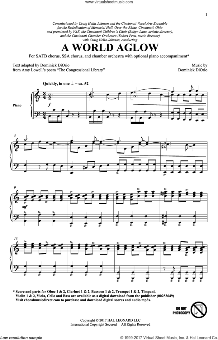 A World Aglow sheet music for choir (SATB: soprano, alto, tenor, bass) by Dominick DiOrio and Amy Lowell, intermediate skill level