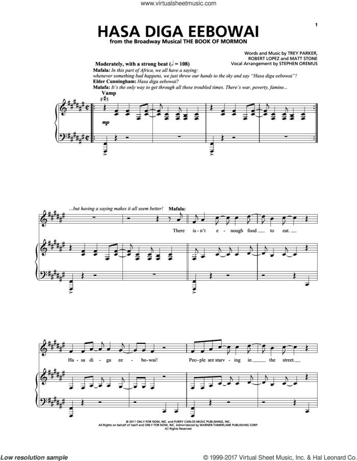 Hasa Diga Eebowai sheet music for voice and piano by Robert Lopez, Matthew Stone, Stephen Oremus, Trey Parker and Trey Parker & Matt Stone, intermediate skill level