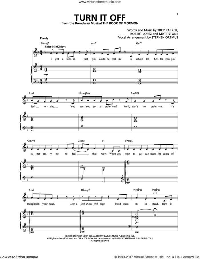 Turn It Off sheet music for voice and piano by Robert Lopez, Matthew Stone, Stephen Oremus, Trey Parker and Trey Parker & Matt Stone, intermediate skill level