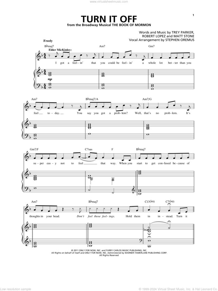 Turn It Off sheet music for voice and piano by Robert Lopez, Matthew Stone, Stephen Oremus, Trey Parker and Trey Parker & Matt Stone, intermediate skill level