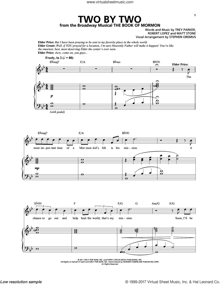 Two By Two sheet music for voice and piano by Robert Lopez, Matthew Stone, Stephen Oremus, Trey Parker and Trey Parker & Matt Stone, intermediate skill level