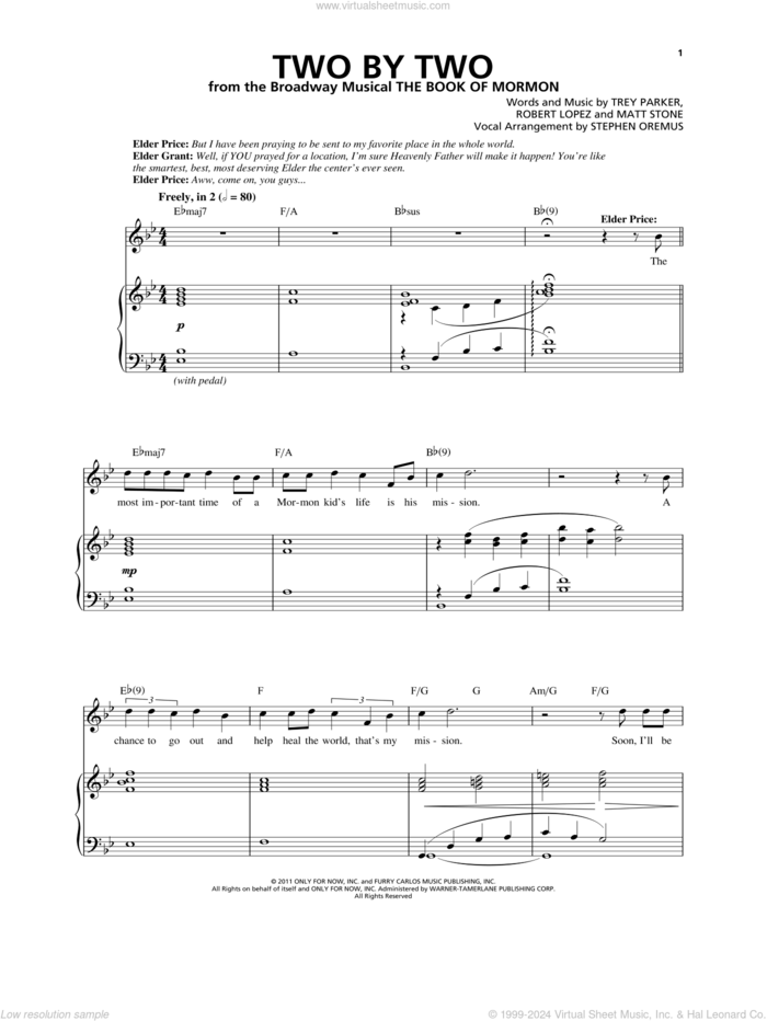 Two By Two sheet music for voice and piano by Robert Lopez, Matthew Stone, Stephen Oremus, Trey Parker and Trey Parker & Matt Stone, intermediate skill level