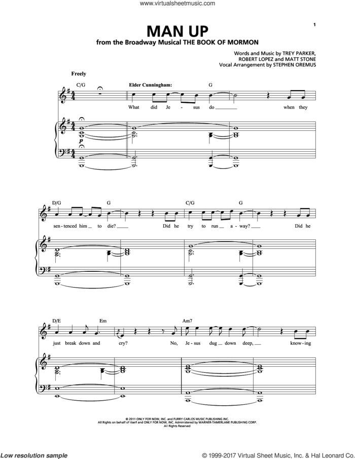 Man Up sheet music for voice and piano by Robert Lopez, Matthew Stone, Stephen Oremus, Trey Parker and Trey Parker & Matt Stone, intermediate skill level
