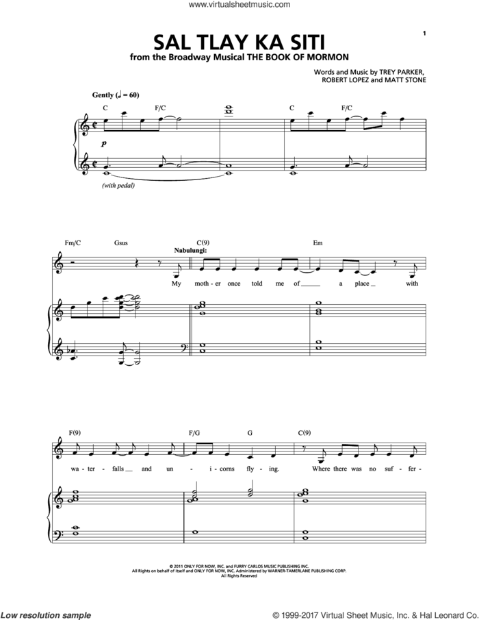 Sal Tlay Ka Siti sheet music for voice and piano by Robert Lopez, Matthew Stone, Trey Parker and Trey Parker & Matt Stone, intermediate skill level