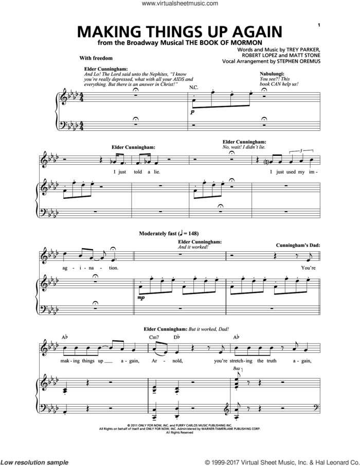 Making Things Up Again sheet music for voice and piano by Robert Lopez, Matthew Stone, Stephen Oremus, Trey Parker and Trey Parker & Matt Stone, intermediate skill level