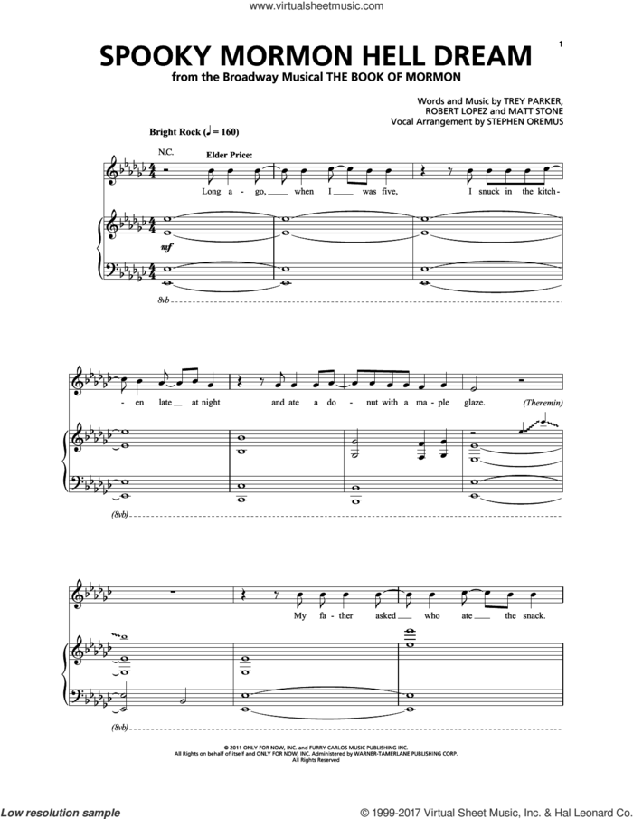 Spooky Mormon Hell Dream sheet music for voice and piano by Robert Lopez, Matthew Stone, Stephen Oremus, Trey Parker and Trey Parker & Matt Stone, intermediate skill level
