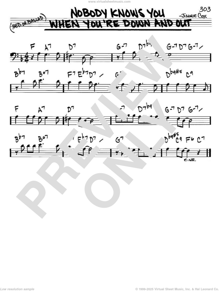 Nobody Knows You When You're Down And Out sheet music for voice and other instruments (bass clef) by Jimmie Cox, intermediate skill level