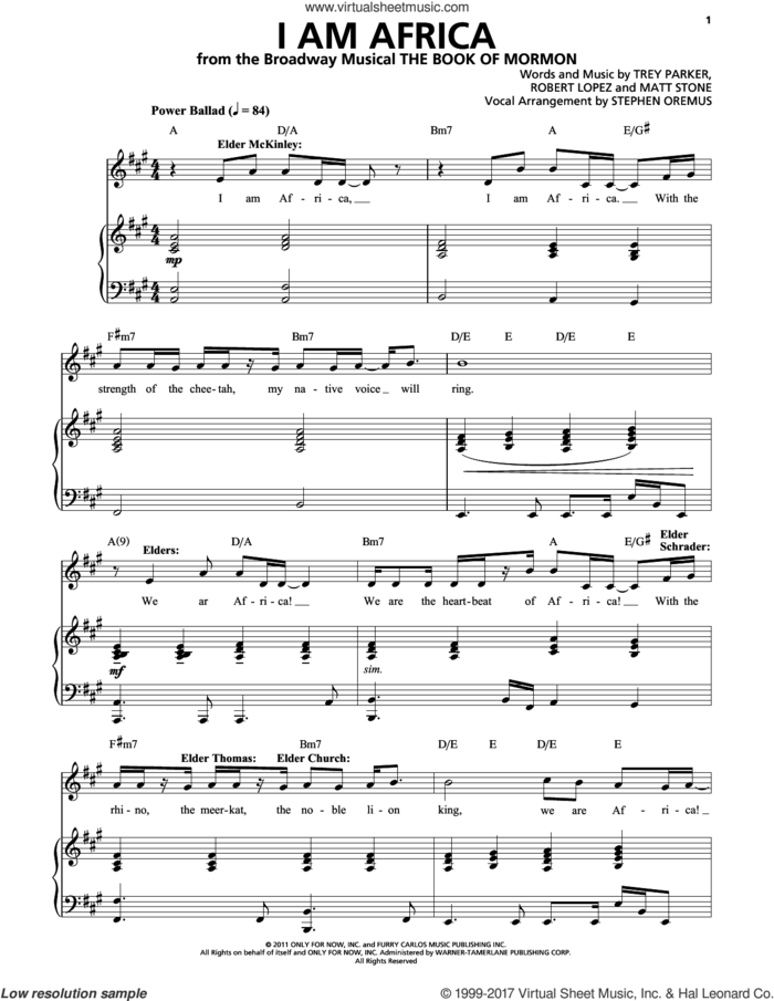 I Am Africa sheet music for voice and piano by Trey Parker & Matt Stone, Bobby Lopez, Matthew Stone and Randolph Parker, intermediate skill level