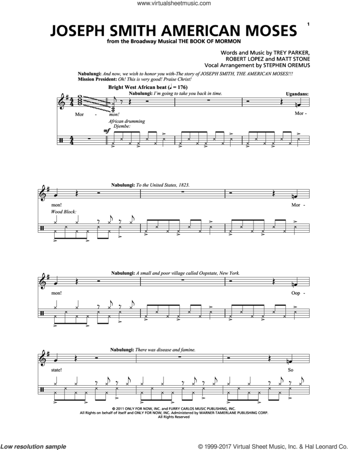 Joseph Smith American Moses sheet music for voice and piano by Robert Lopez, Matthew Stone, Stephen Oremus, Trey Parker and Trey Parker & Matt Stone, intermediate skill level