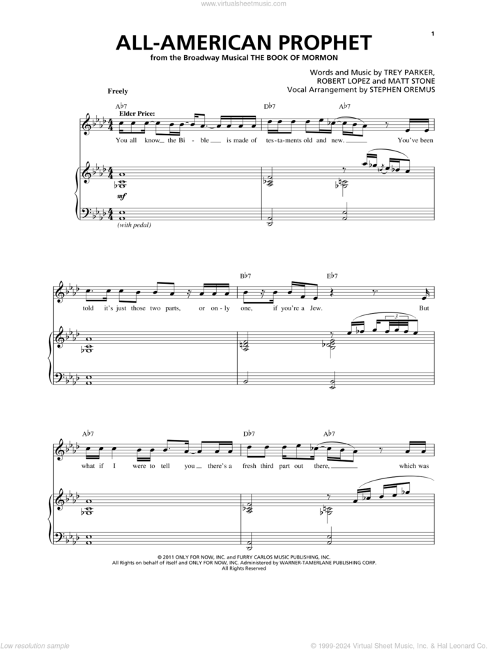 All-American Prophet sheet music for voice and piano by Robert Lopez, Matthew Stone, Stephen Oremus, Trey Parker and Trey Parker & Matt Stone, intermediate skill level