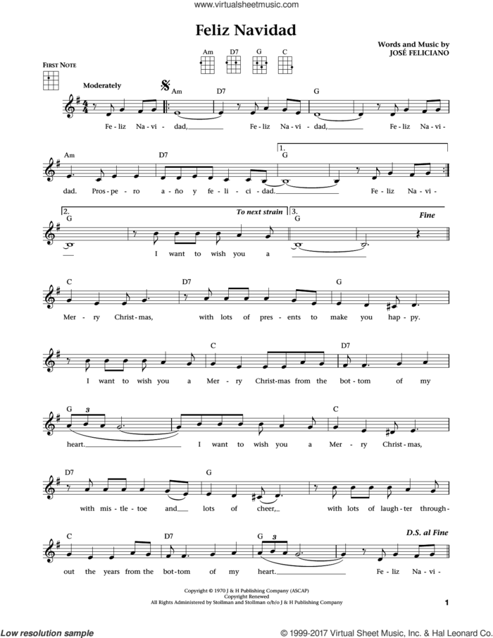 Feliz Navidad (from The Daily Ukulele) (arr. Liz and Jim Beloff) sheet music for ukulele by Jose Feliciano, Clay Walker, Jim Beloff and Liz Beloff, intermediate skill level