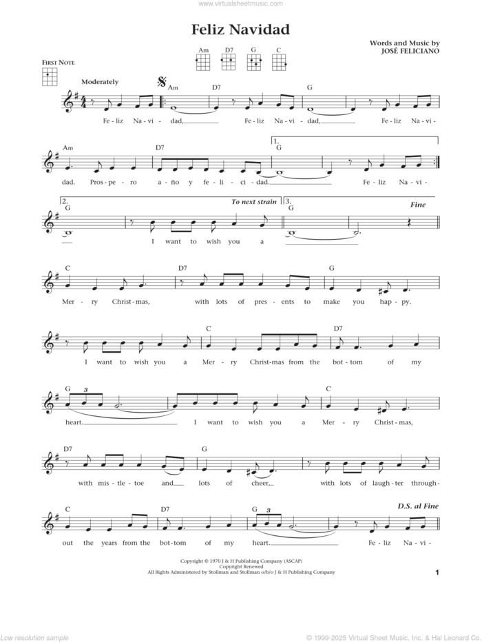 Feliz Navidad (from The Daily Ukulele) (arr. Liz and Jim Beloff) sheet music for ukulele by Jose Feliciano, Clay Walker, Jim Beloff and Liz Beloff, intermediate skill level