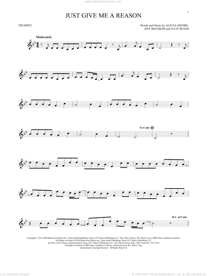 Just Give Me A Reason sheet music for trumpet solo by Pink featuring Nate Ruess, Alecia Moore, Jeff Bhasker and Nate Ruess, intermediate skill level