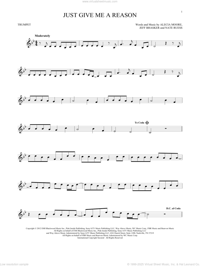 Just Give Me A Reason sheet music for trumpet solo by Pink featuring Nate Ruess, Alecia Moore, Jeff Bhasker and Nate Ruess, intermediate skill level