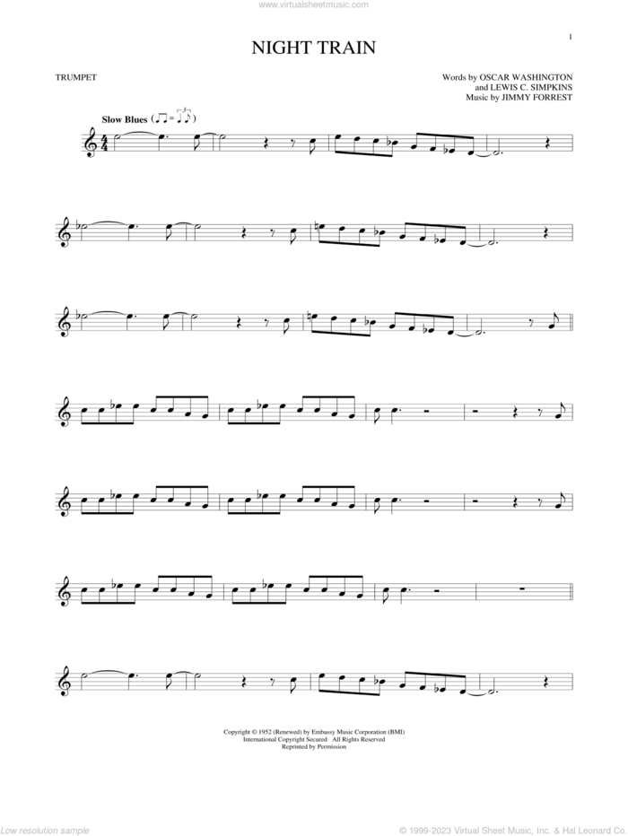 Night Train sheet music for trumpet solo by Jimmy Forrest, Buddy Morrlow, Lewis C. Simpkins and Oscar Washington, intermediate skill level