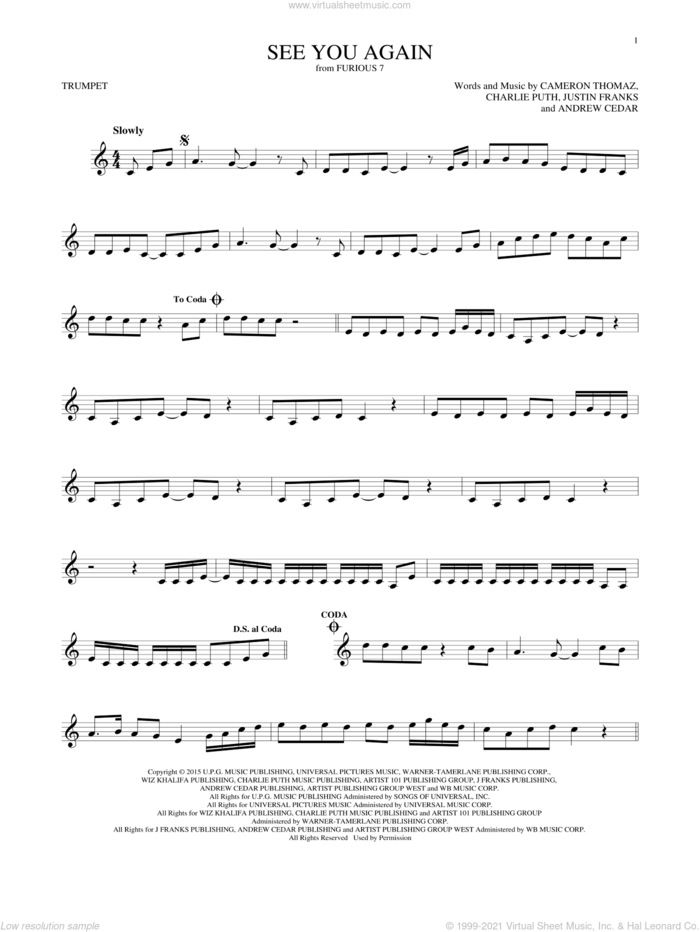 See You Again sheet music for trumpet solo by Wiz Khalifa feat. Charlie Puth, Andrew Cedar, Cameron Thomaz, Charlie Puth and Justin Franks, intermediate skill level