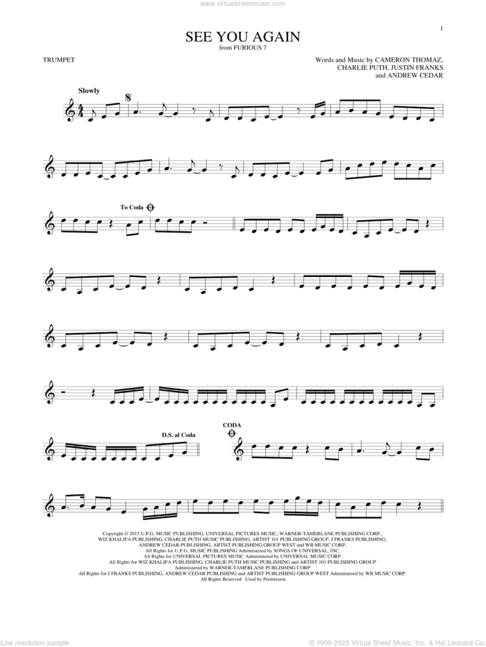 See You Again sheet music for trumpet solo by Wiz Khalifa feat. Charlie Puth, Andrew Cedar, Cameron Thomaz, Charlie Puth and Justin Franks, intermediate skill level