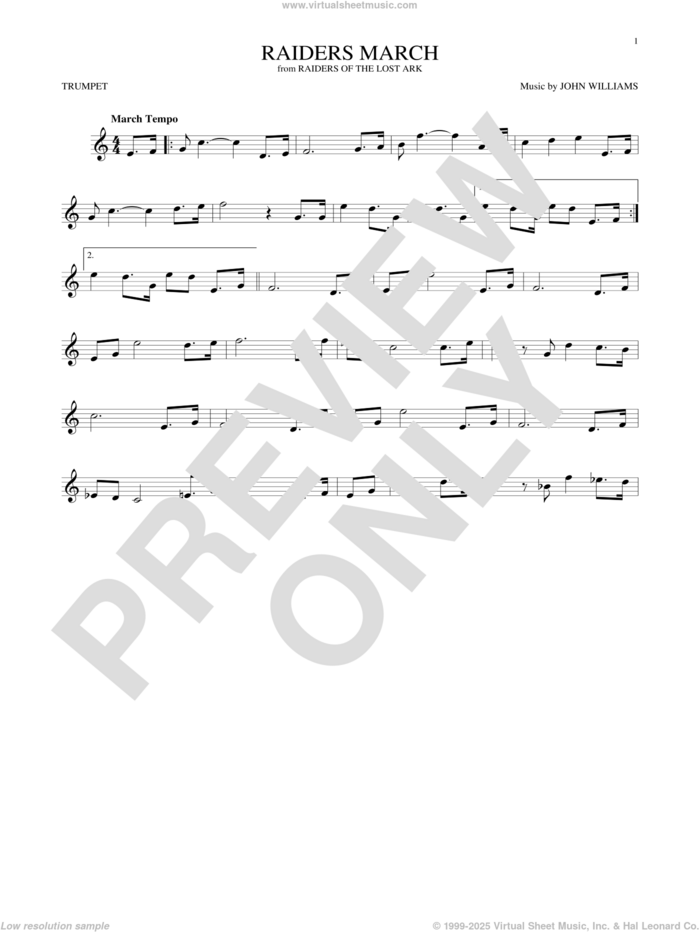 Raiders March sheet music for trumpet solo by John Williams, intermediate skill level