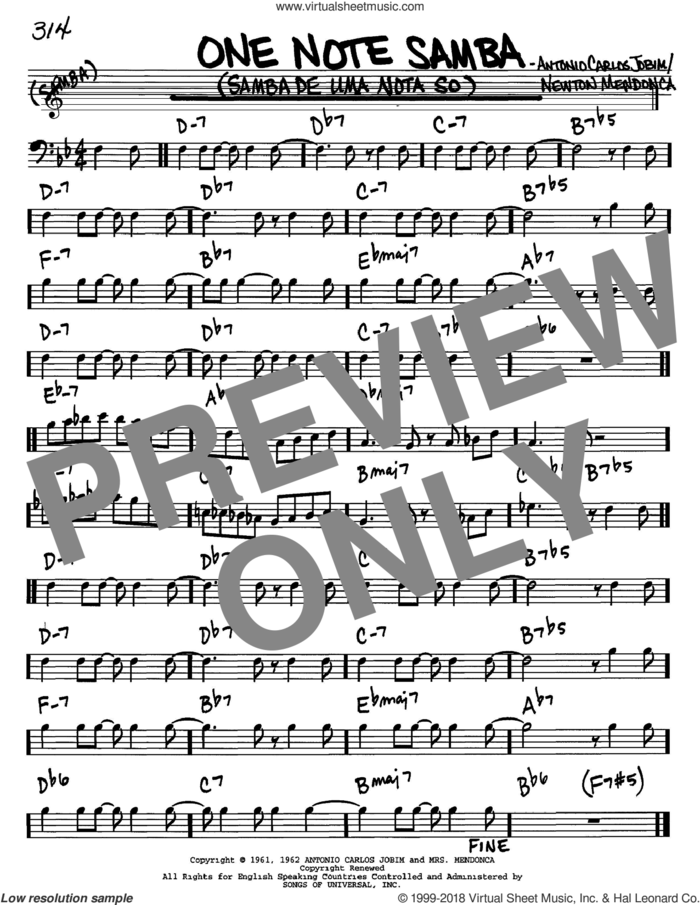 One Note Samba (Samba De Uma Nota So) sheet music for voice and other instruments (bass clef) by Antonio Carlos Jobim and Newton Mendonca, intermediate skill level