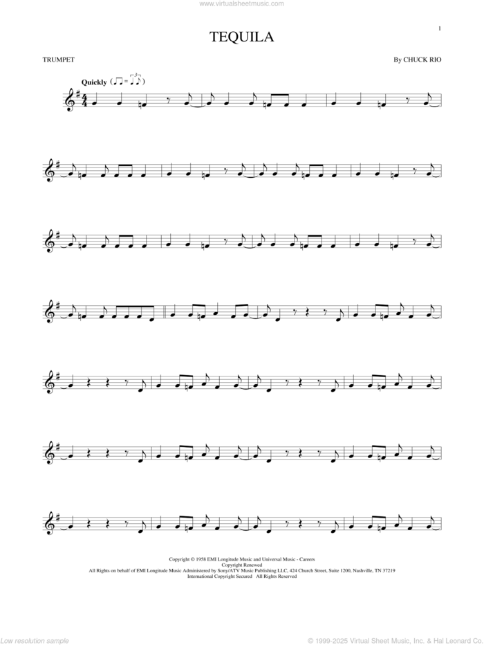 Tequila sheet music for trumpet solo by The Champs and Chuck Rio, intermediate skill level