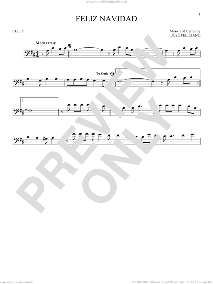 Feliz Navidad sheet music for cello solo by Jose Feliciano, intermediate skill level