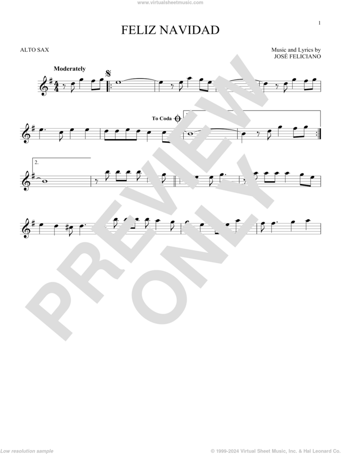 Feliz Navidad sheet music for alto saxophone solo by Jose Feliciano, intermediate skill level