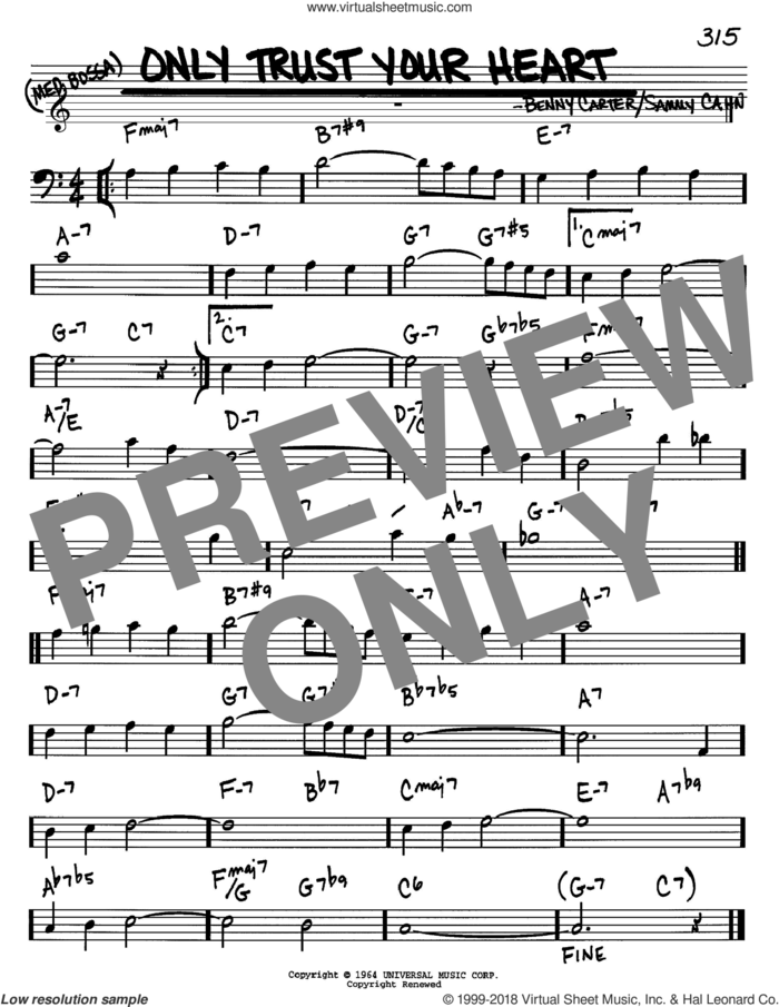 Only Trust Your Heart sheet music for voice and other instruments (bass clef) by Sammy Cahn and Benny Carter, intermediate skill level